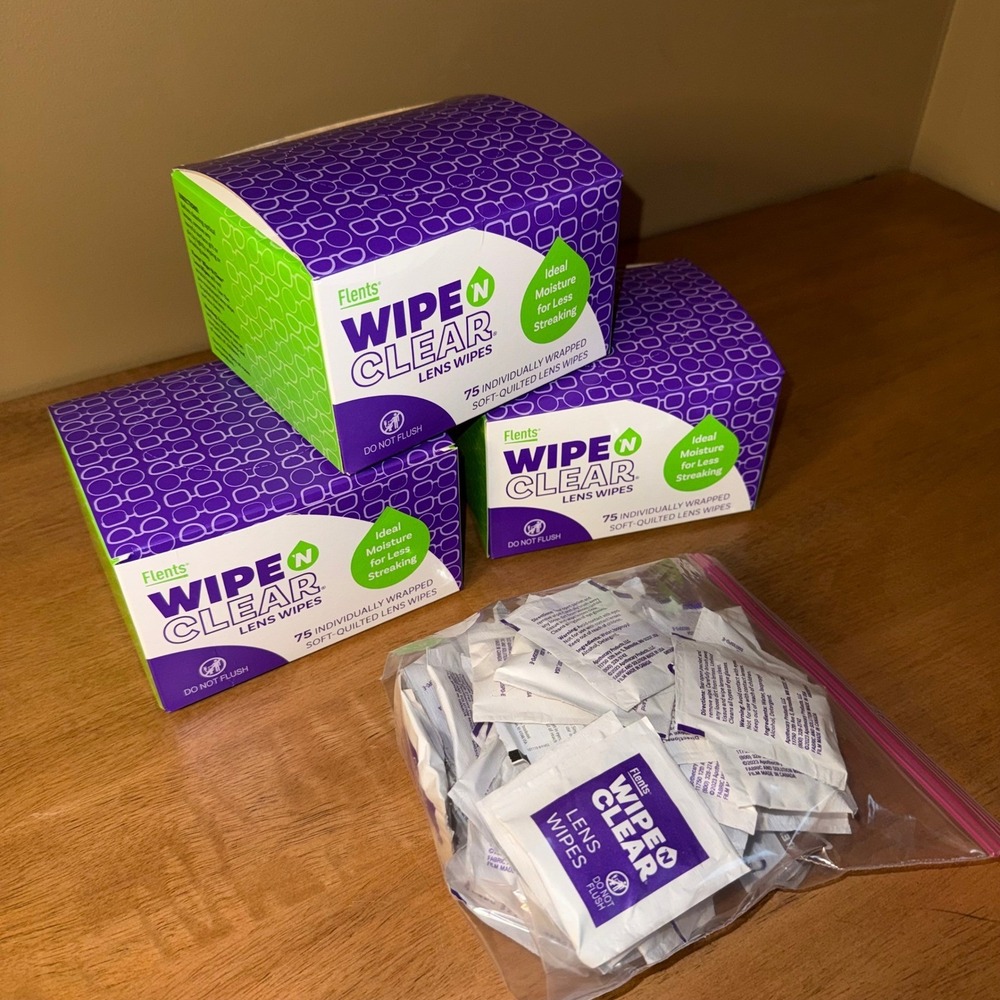 Flents Wipe N Clear Lens Wipes 3 Boxes of 75 Plus Loose Packets Eyewear Cleaner